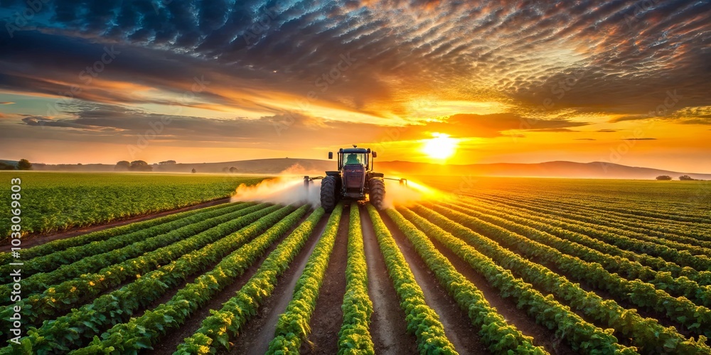 Fototapeta premium A single tractor moves through a field of rows of crops, the sun setting behind the vehicle, casting long shadows and illuminating the sky with a warm glow.