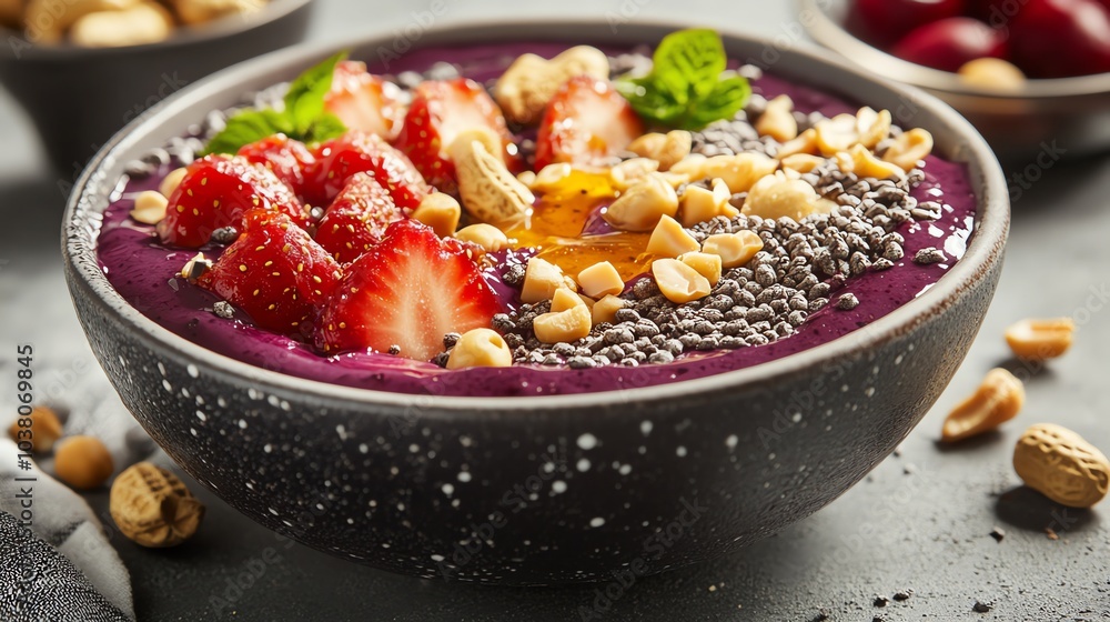 A close up of a acai bowl topped with banana, peanuts and chia seeds. A close up of a acai bowl topped with banana, peanuts and chia seeds.