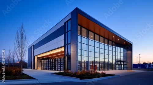 Modern Architecture at Dusk: A sleek and modern building, bathed in the soft glow of dusk, features expansive glass windows, a striking wooden facade, and a sense of contemporary elegance.