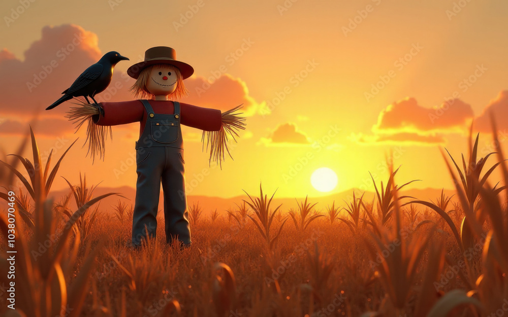 Fototapeta premium Scarecrow and Crow in the Sunset
