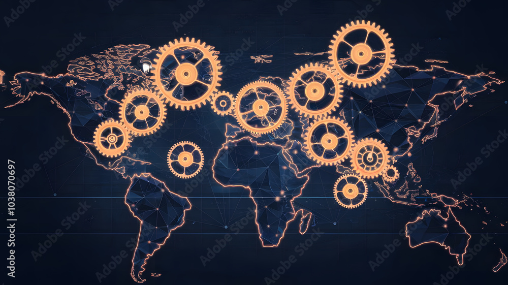 A network of glowing gears interlocking over a map, symbolizing the synchronization of global business operations. ( Business Concept ) A network of glowing gears interlocking over a map, symbolizing the synchronization of global business operations. ( Business Concept )