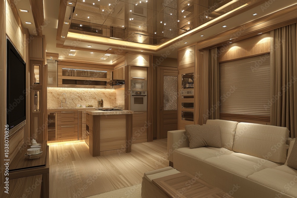 A modern and elegant interior design featuring a cozy living space with wooden finishes and ambient lighting. A modern and elegant interior design featuring a cozy living space with wooden finishes and ambient lighting.