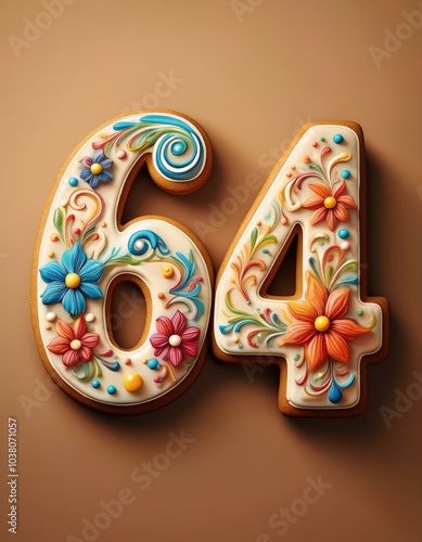 Decorated cookie, number 64, illustration for birthday or anniversary celebration photo