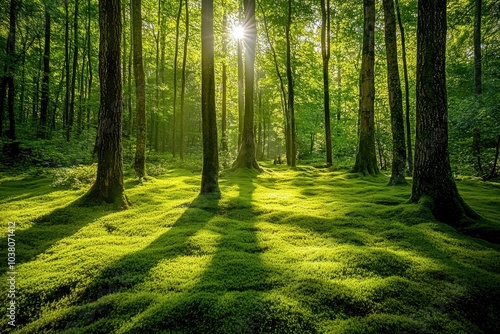 footpath in the forest in the green shadow