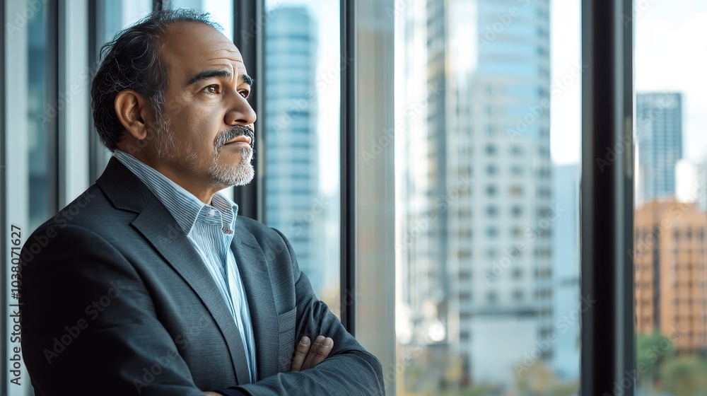 Thoughtful Mexican Businessman in Modern Office Setting Thoughtful Mexican Businessman in Modern Office Setting