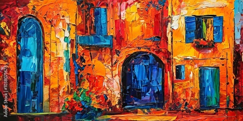 A painting of a building with blue windows and a blue door