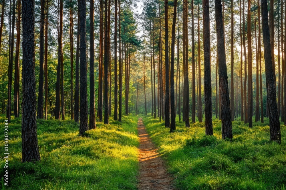 morning in the deep woods with path morning in the deep woods with path