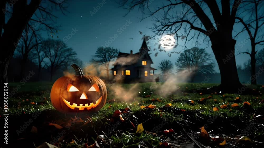 Glowing jack-o'-lanterns in a haunted yard under a full moon, with a spooky house in the background, video HD Glowing jack-o'-lanterns in a haunted yard under a full moon, with a spooky house in the background, video HD