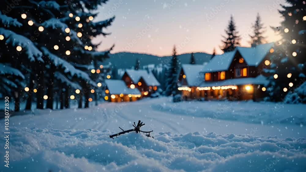 Cozy winter cabins reflecting on a serene lake, surrounded by snow-covered trees and mountains, video HD Cozy winter cabins reflecting on a serene lake, surrounded by snow-covered trees and mountains, video HD