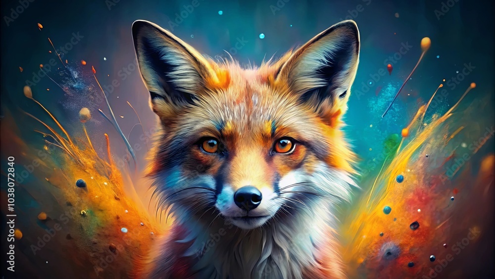 Obraz premium A fox with a soft, inquisitive gaze framed by a vibrant abstract burst of colors.