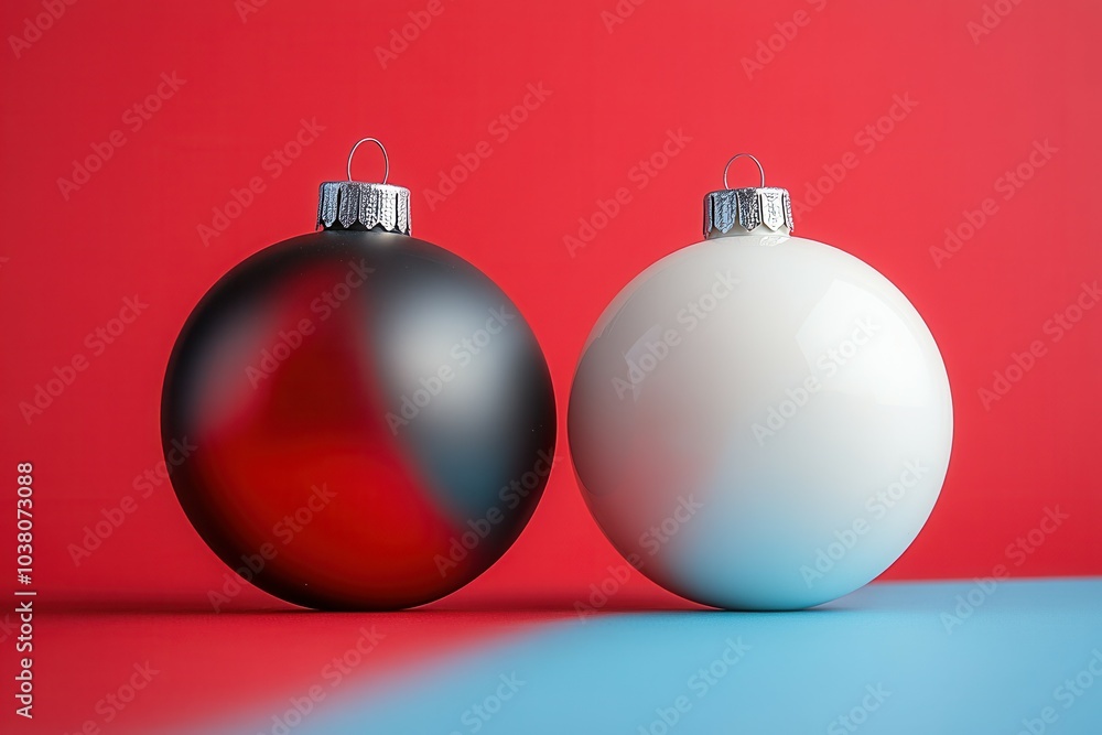 Two decorative Christmas ornaments in contrasting black and white are placed on bright red and blue surfaces. The shiny finishes reflect light beautifully, capturing the festive spirit and simplicity Two decorative Christmas ornaments in contrasting black and white are placed on bright red and blue surfaces. The shiny finishes reflect light beautifully, capturing the festive spirit and simplicity