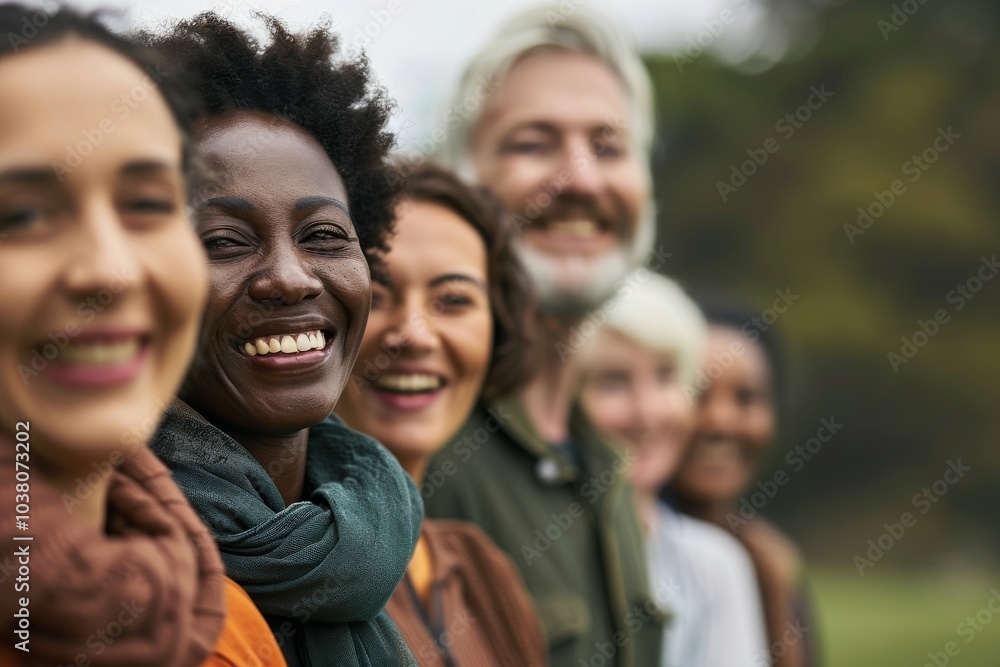 Group of diverse people standing together in a park smiling at the camera Group of diverse people standing together in a park smiling at the camera