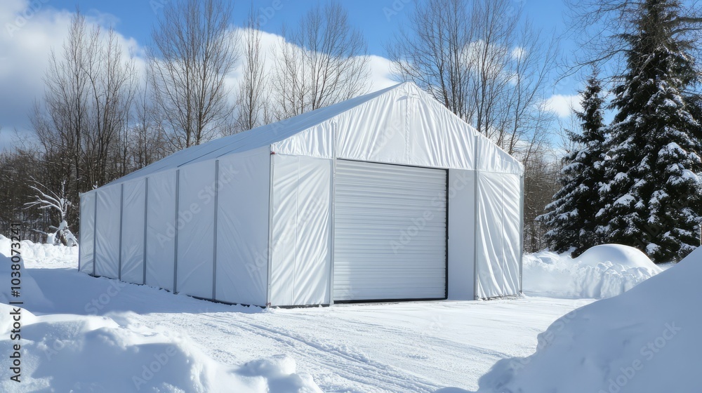 Winter Storage Solution: Durable Fabric Garage in Snowy Landscape Winter Storage Solution: Durable Fabric Garage in Snowy Landscape