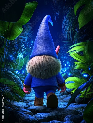 Playful gnome exploring a magical jungle path filled with glowing flora. photo