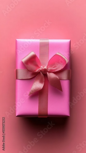 A beautifully wrapped pink gift box adorned with a satin ribbon sits against a soft pink background. Ideal for birthdays, anniversaries, or any special occasion, this vibrant package invites excitemen photo