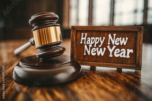 A judge's gavel rests on a wooden table alongside a charming sign that says Happy New Year. The warm lighting and elegant surroundings create a celebratory atmosphere, blending the judicial theme with