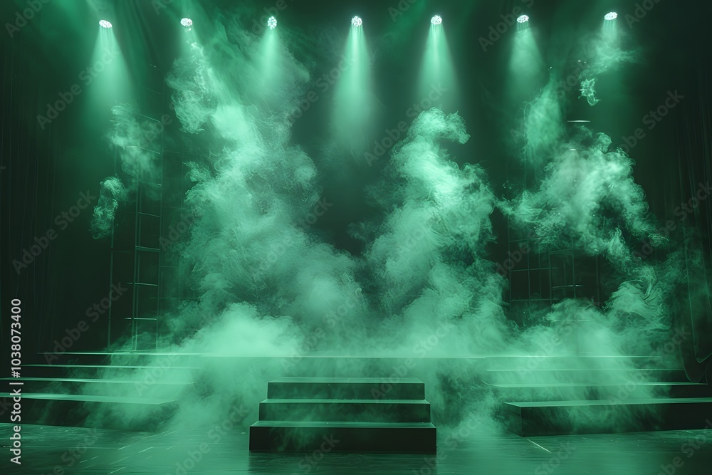 Obraz premium Dramatic Theater Stage with Green Smoke and Spotlights for Mystical Performance Background