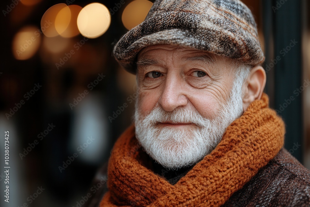 A wise elderly gentleman with a bushy white beard dons a classic tweed ensemble complemented by a flat cap and snug scarf, presenting a picture of timeless charm and warmth. A wise elderly gentleman with a bushy white beard dons a classic tweed ensemble complemented by a flat cap and snug scarf, presenting a picture of timeless charm and warmth.
