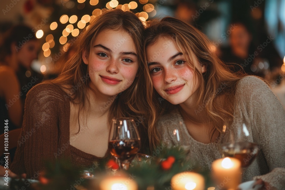 sisters sitting smiling wide on Christmas table. ai generated sisters sitting smiling wide on Christmas table. ai generated