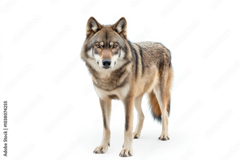 Intimidating full body portrait of a wolf with a menacing expression on a white background isolated Intimidating full body portrait of a wolf with a menacing expression on a white background isolated