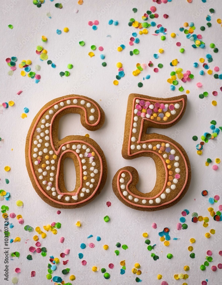 Decorated cookie, number 65, image for birthday or anniversary celebration Decorated cookie, number 65, image for birthday or anniversary celebration
