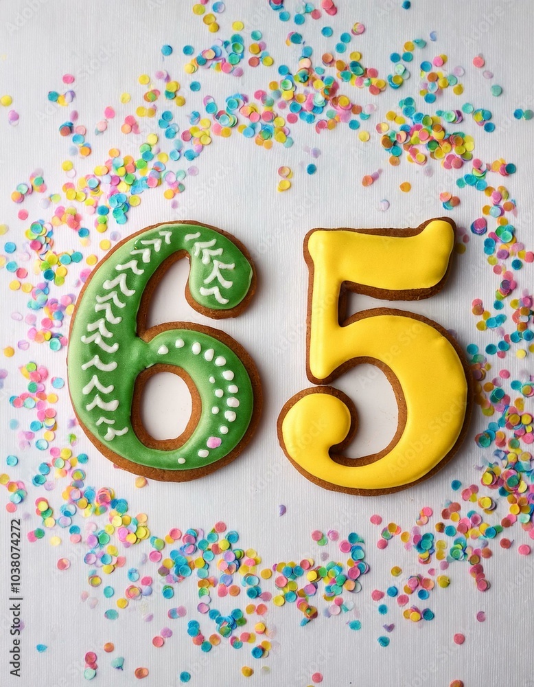 Decorated cookie, number 65, image for birthday or anniversary celebration Decorated cookie, number 65, image for birthday or anniversary celebration
