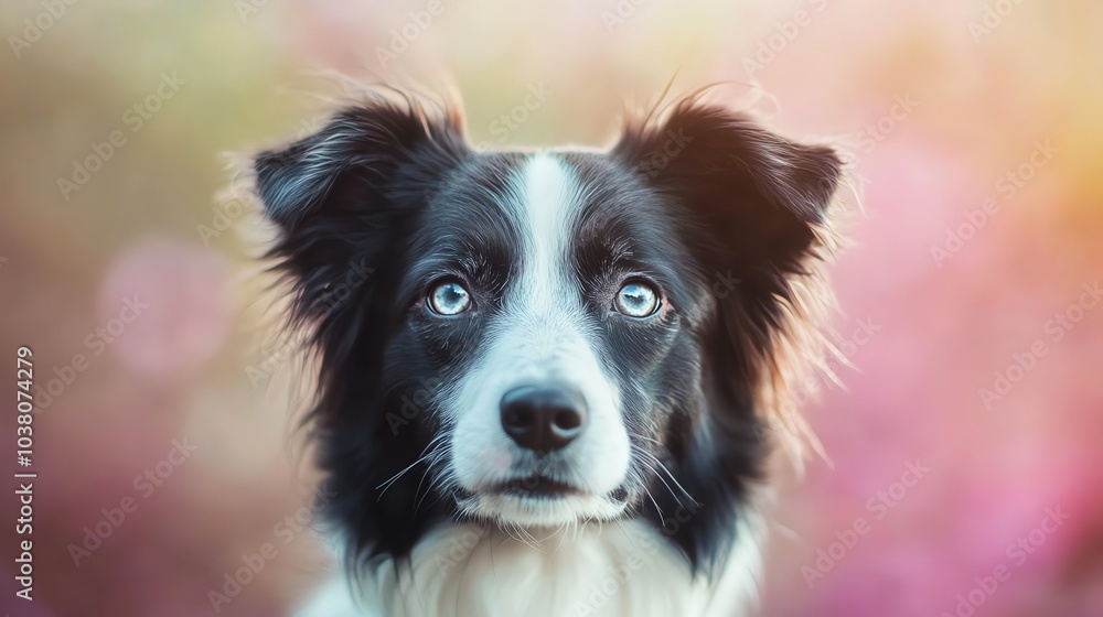 A black, white, and brown dog looks intently at the camera. A black, white, and brown dog looks intently at the camera.