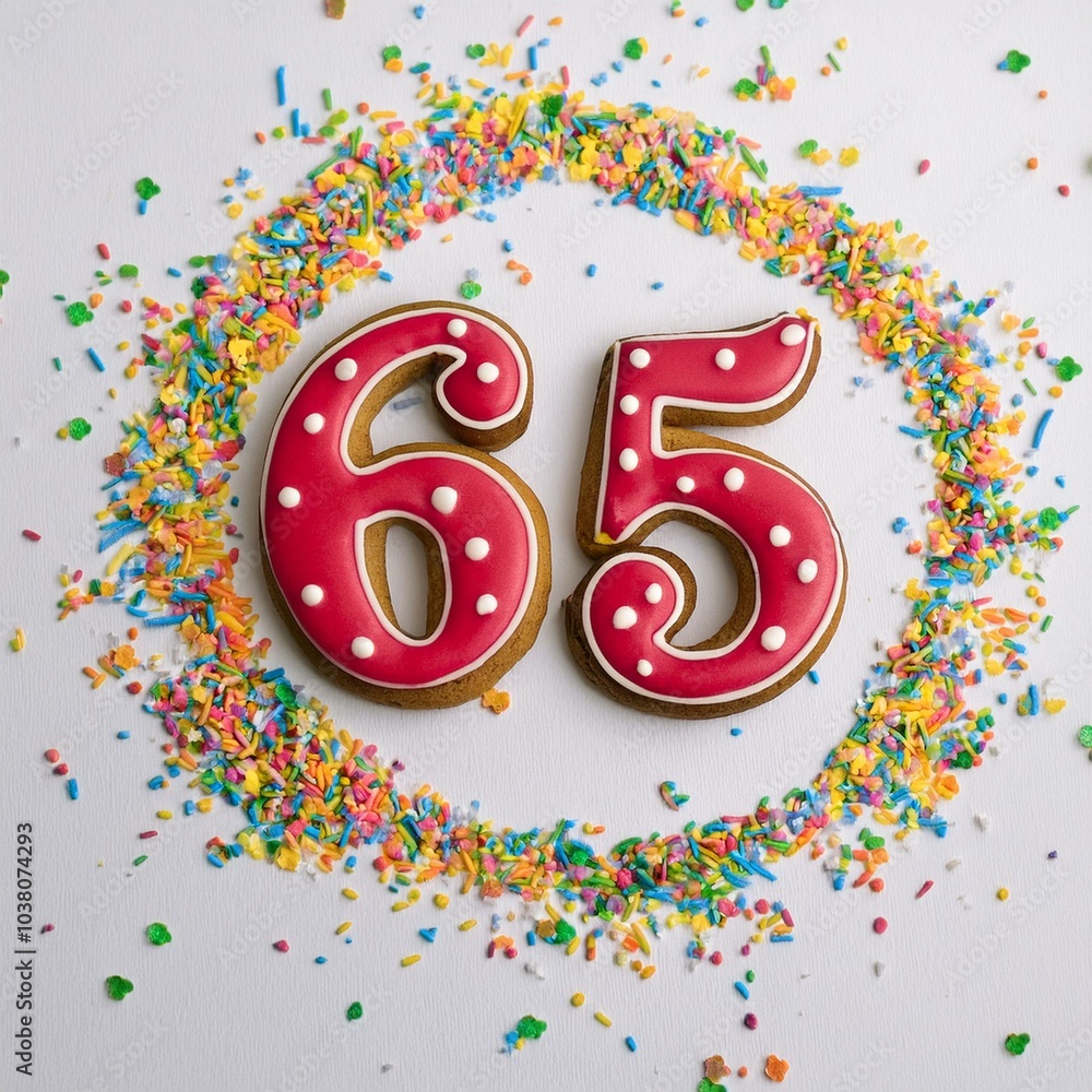 Decorated cookie, number 65, image for birthday or anniversary celebration Decorated cookie, number 65, image for birthday or anniversary celebration