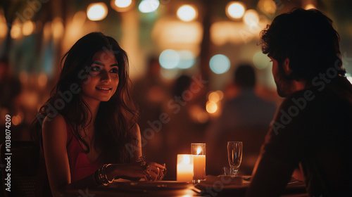 young and beautiful indian couple are sitting in a restaurant