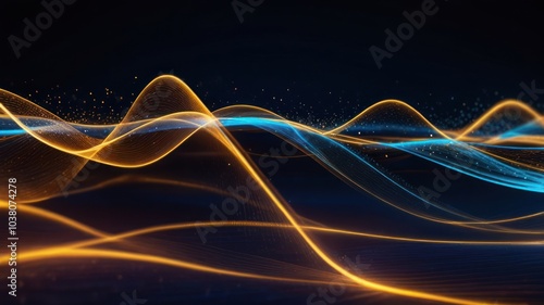 Abstract glowing waves of blue and orange light against a dark background.