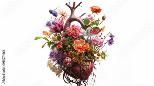 a surrealistic garden blossoming within the confines of a human heart, with vibrant flowers and winding vines entwining with the beats of emotion photo