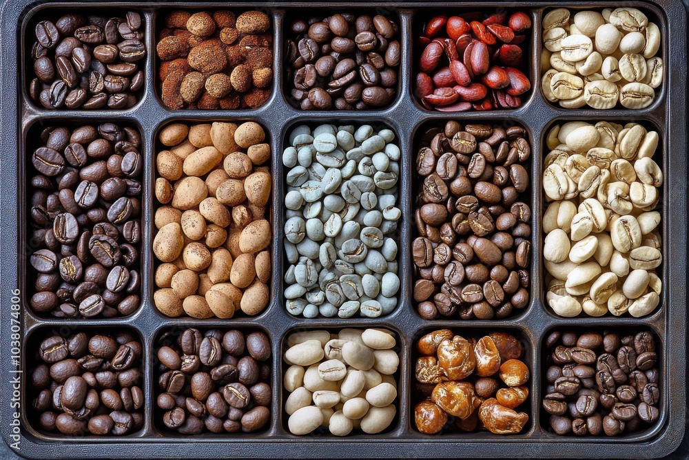 Geometric display of diverse coffee beans in artistic arrangement Geometric display of diverse coffee beans in artistic arrangement
