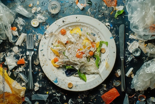 Plastic pollution contaminating food on a plate
