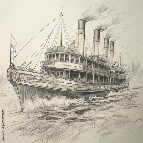 a historic steamship, focusing on the  tall chimneys, and ornate details on the deck