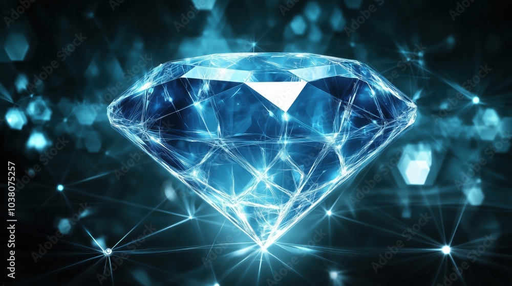 Blue diamond with sparkling facets and glowing background Blue diamond with sparkling facets and glowing background