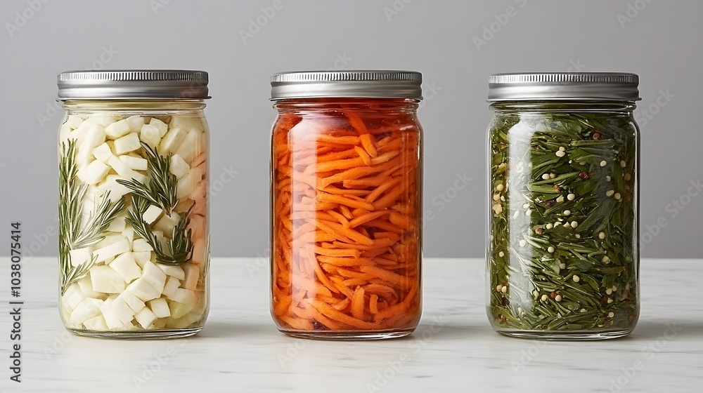 Three jars filled with colorful pickled vegetables, showcasing various flavors and textures, ideal for enhancing meals and preserving freshness. Three jars filled with colorful pickled vegetables, showcasing various flavors and textures, ideal for enhancing meals and preserving freshness.