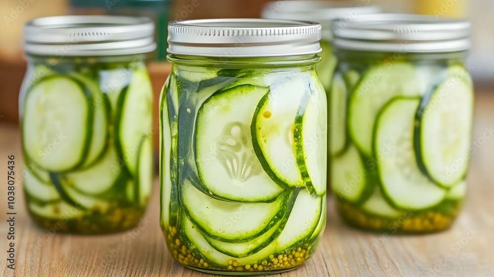 A vibrant display of homemade pickles in jars, showcasing circular cucumber slices immersed in brine, perfect for preserving freshness and flavor. A vibrant display of homemade pickles in jars, showcasing circular cucumber slices immersed in brine, perfect for preserving freshness and flavor.