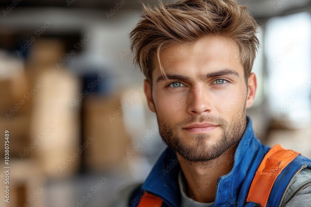 A young worker with striking blue eyes wears a blue vest and showcases innovation and style, standing in a well-lit workshop, surrounded by various working tools. A young worker with striking blue eyes wears a blue vest and showcases innovation and style, standing in a well-lit workshop, surrounded by various working tools.