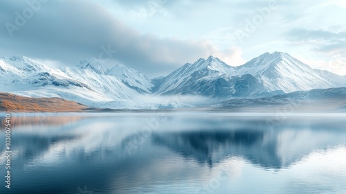 A serene winter landscape featuring snow-capped mountains reflecting in a still lake under a cloudy sky.