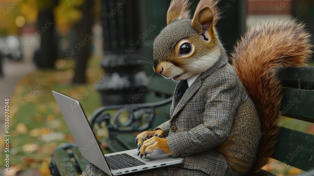 Fototapeta premium Curious Squirrel in Business Suit Working on Laptop. symbolizing adaptability and quick thinking in a dynamic business environment.