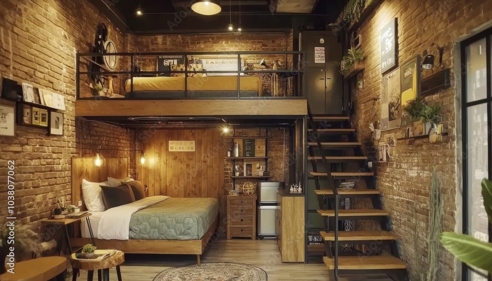 A cozy loft-style bedroom featuring a wooden bed, a staircase, and a warm ambiance created by brick walls and stylish decor. A cozy loft-style bedroom featuring a wooden bed, a staircase, and a warm ambiance created by brick walls and stylish decor.