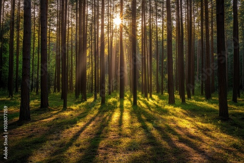 nice autumn forest in the morning with hard rays