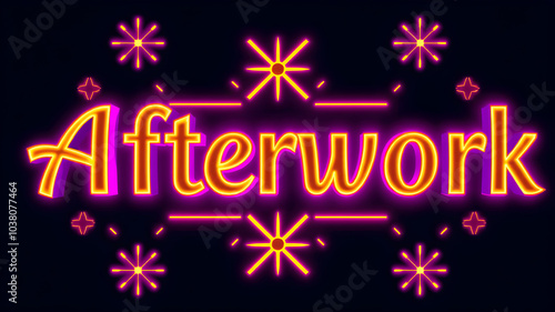 Afterwork text in bold neon letters. Featuring a mix of gold, purple and blue tones. The text has symmetrical patterns and includes embedded geometric shapes, Generative AI