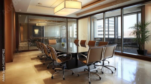 A contemporary glass-walled meeting room featuring a large table, comfortable chairs, and abundant light, creating a professional atmosphere.