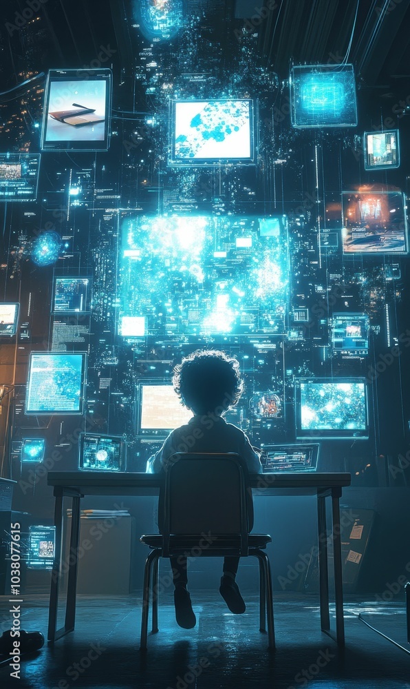 A person sits in a chair surrounded by glowing digital A person sits in a chair surrounded by glowing digital