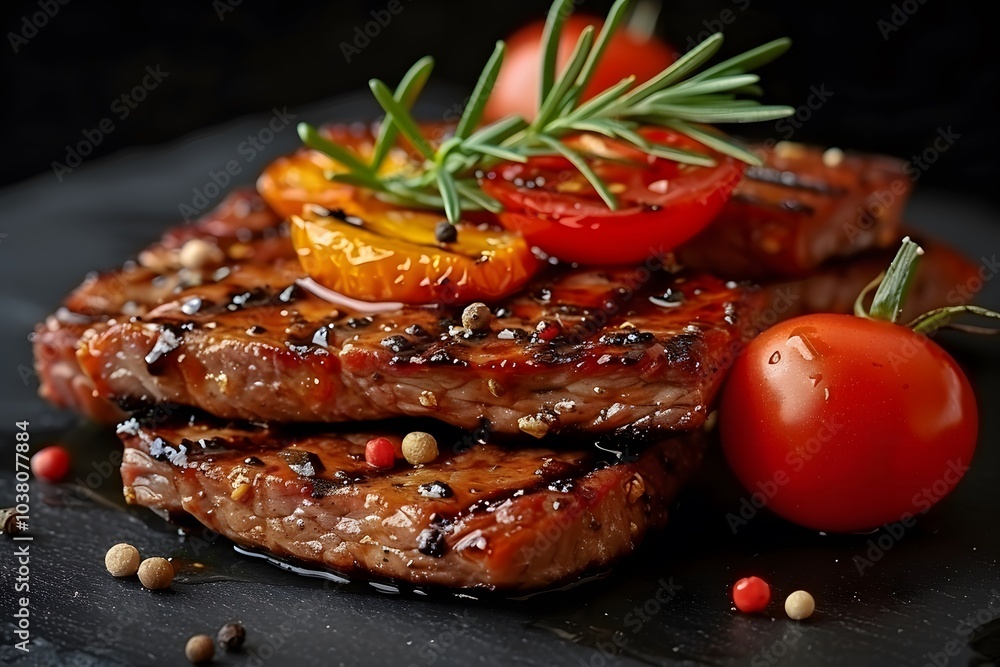 Delicious Grilled Beef Steaks with Cherry Tomatoes and Herbs for Gourmet Dining