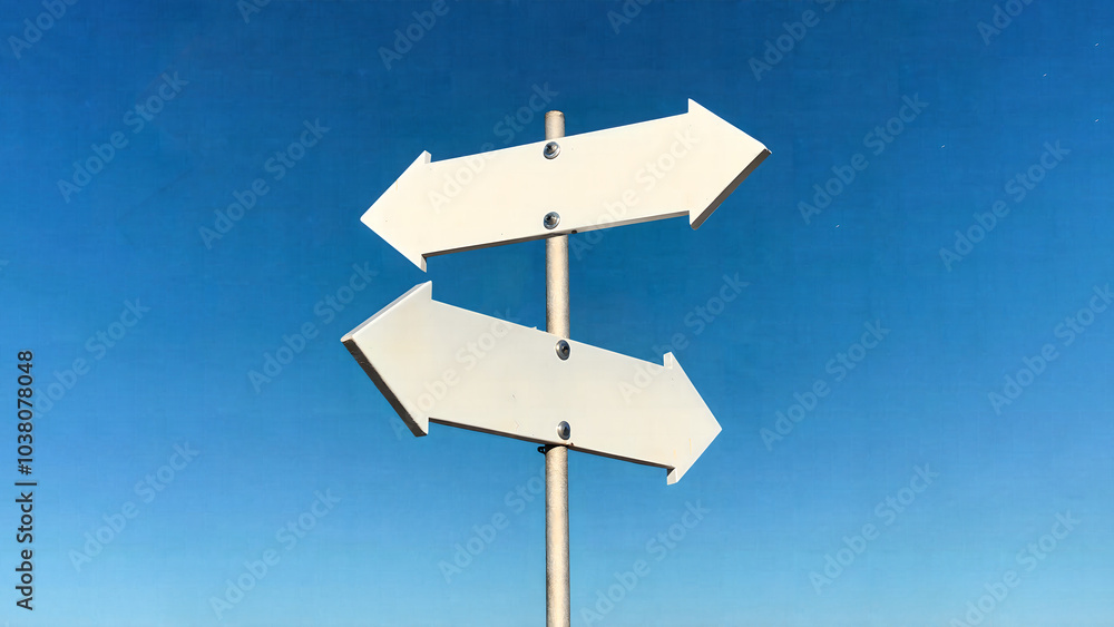 A blank sign with two white arrows pointing in opposite directions. A blank sign with two white arrows pointing in opposite directions.