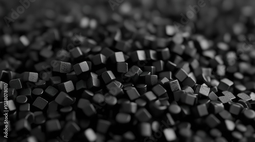 Black plastic pellets, small uniform shapes, densely packed, industrial material photo