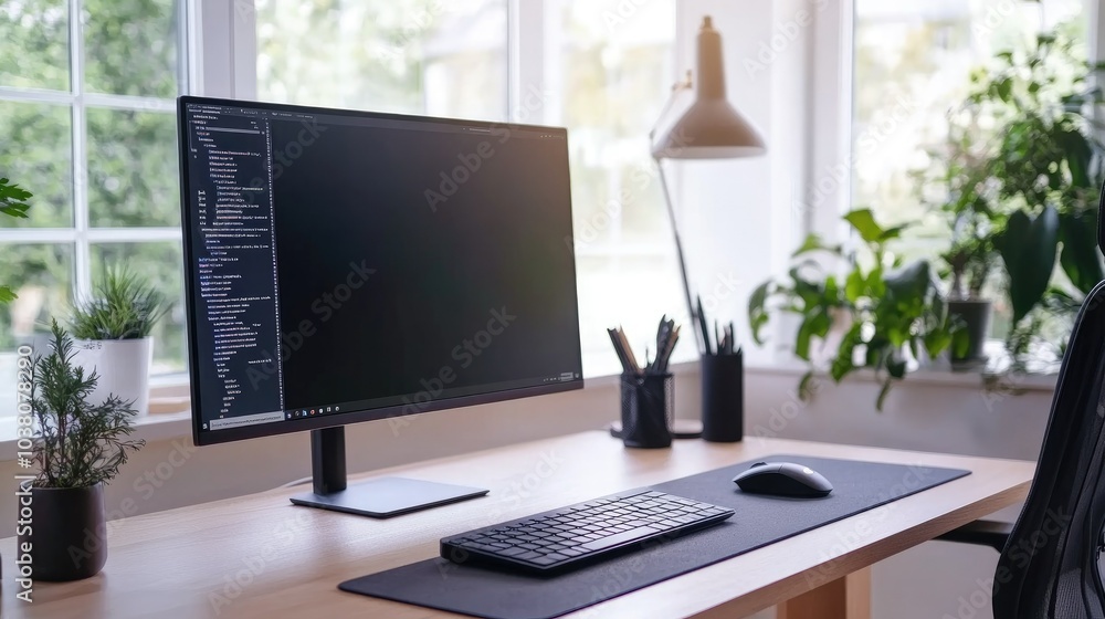 A modern office desk setup with a large monitor, laptop, wireless mouse, and stylish office supplies, all in a bright, well-lit room. A modern office desk setup with a large monitor, laptop, wireless mouse, and stylish office supplies, all in a bright, well-lit room.