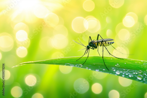 Mosquito on a Dew-Covered Leaf
